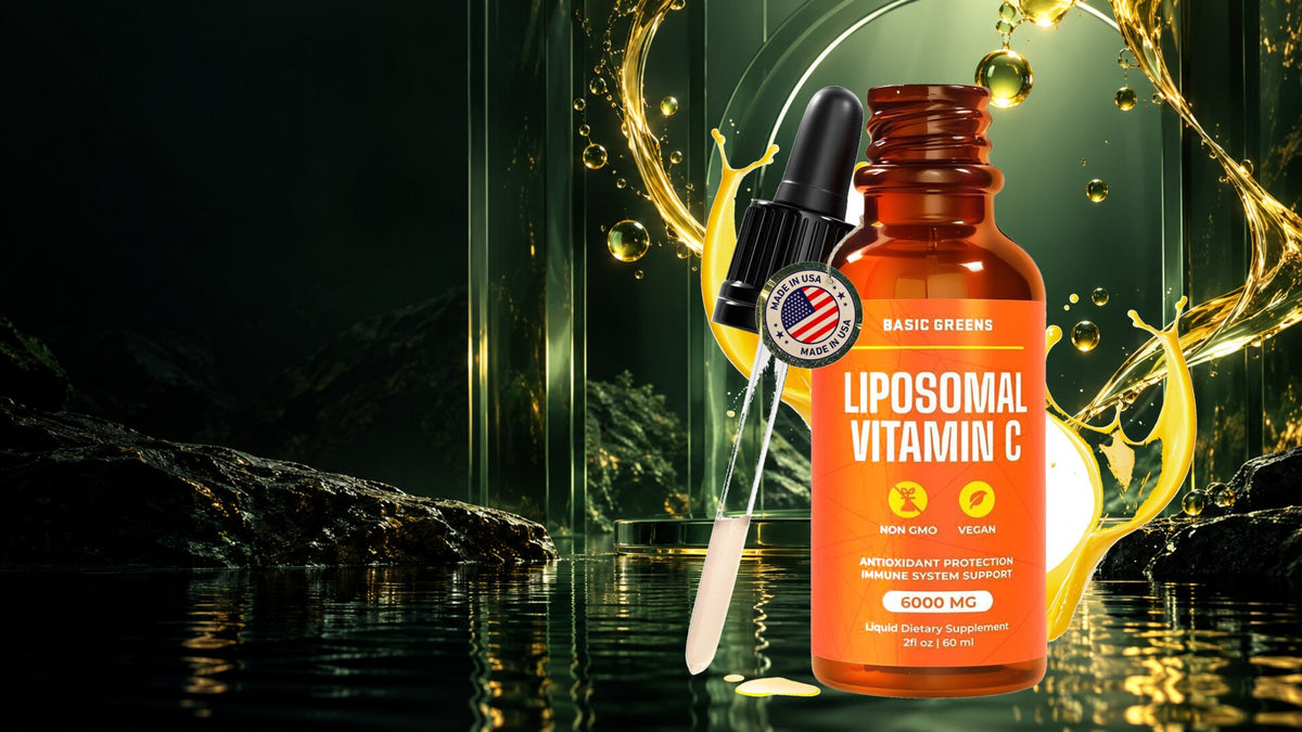 BASIC GREENS Liposomal Vitamin C Liquid Drops in a cinematic green and gold setting