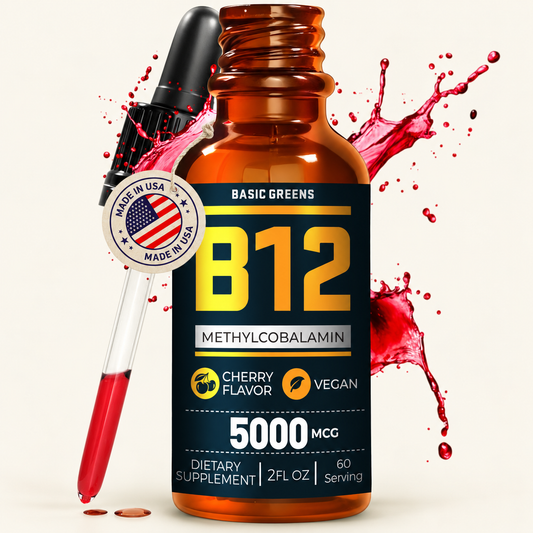 Vitamin B12 Liquid Drops 5000 mcg — 2 fl oz on a warm cream background