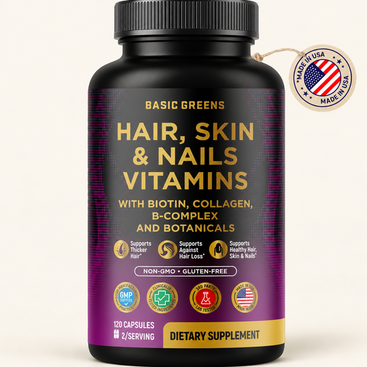 Hair, Skin & Nails with Biotin & Collagen — 120 Capsules on a warm cream background