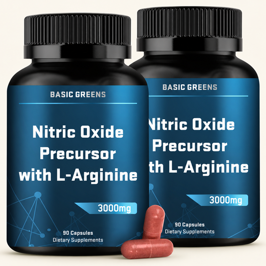L-Arginine 3000 mg Blend — 2 Pack, 180 Capsules on a warm cream background
