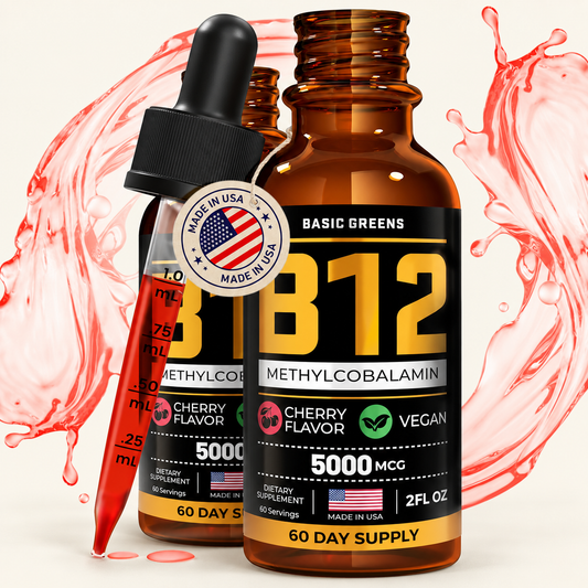 Vitamin B12 Liquid Drops 5000 mcg — 2 Pack on a warm cream background