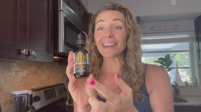 BASIC GREENS Vitamin B12 Drops B081B3TYFZ customer review: highlighting energy boost, 5000mcg methylcobalamin potency, and natural cherry flavor benefits.