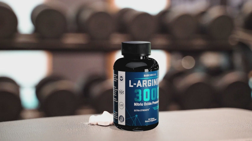 Product showcase video: BASIC GREENS L-Arginine 3000mg B081B5KRM9. Extra strength nitric oxide supplement for men and women, featuring 3150mg AAKG & HCl blend for peak performance and circulation.