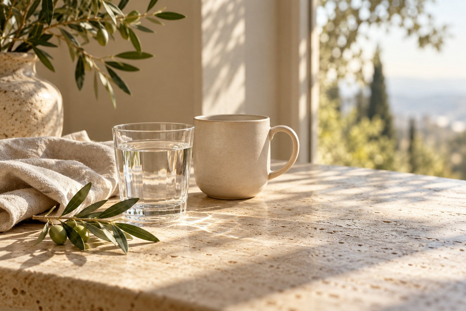 Water, linen and ceramic objects in gentle morning sunlight